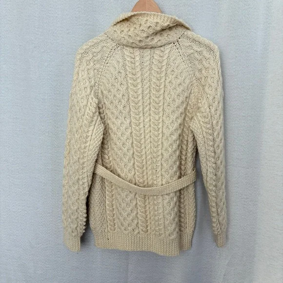 VTG Cream Cable Knit Acrylic Handmade Belted‎ Cardigan Collar Western Revival